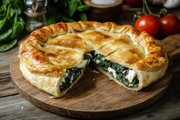 Sticker - Slice spinach and cheese pie on wooden table