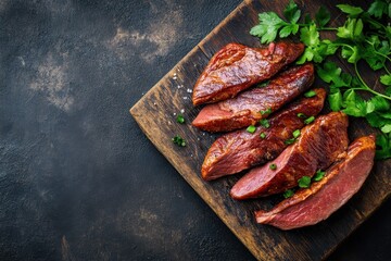 Sticker - Smoked duck breast jerky perfect for serving as a meal or appetizer Rustic top view with copy space