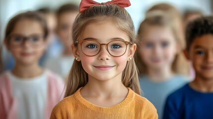 Wall Mural - A smiling girl in glasses stands out among a group of children.