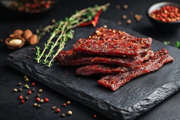 Wall Mural - Spiced jerky on black stone board perfect with beer