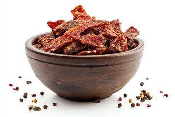 Sticker - Spicy beef jerky bowl on white background