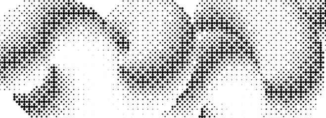 Poster - Pixelated curved gradient shape. Dotted dither undulate texture background. Liquid squiggling form for banner, poster, leaflet, brochure. Abstract rasterized overlay backdrop. Vector comic wallpaper
