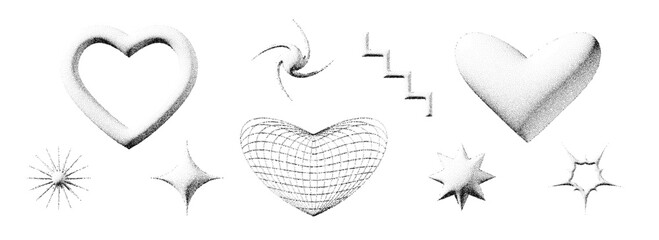 Poster - Stippled y2k heart, star and wave shape collection. Black dotted 3d geometric set. Dotwork grain grunge design elements for banner, poster, decoration, flyer. Textured noise gritty form bundle. Vector
