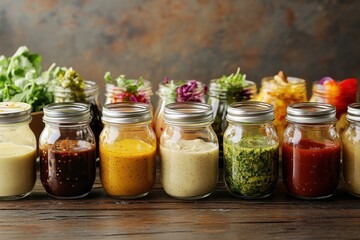 Sticker - Various homemade sauces and dressings like vinaigrette ranch and honey mustard in mason jars