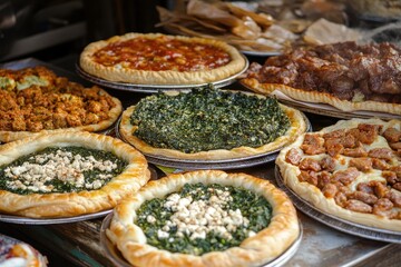 Various Lebanese baked goods including spinach pies Man oushe with zaatar and mini meat pizzas