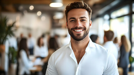 Canvas Print - A smiling man in a professional setting with colleagues in the background.