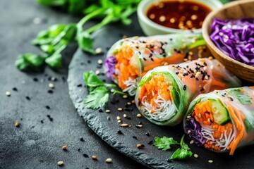 Canvas Print - Vegan Vietnamese spring rolls with spicy sauce vegetables and noodles Delicious dish Space for text