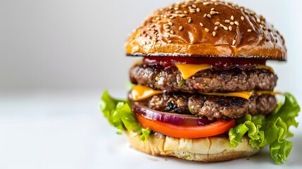 Wall Mural - Juicy hamburger on white background. 