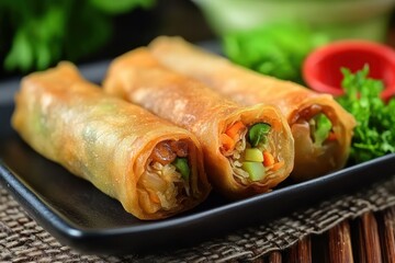 Sticker - Vegetable mushroom and glass noodle spring rolls deep fried at Chinese veggie fest