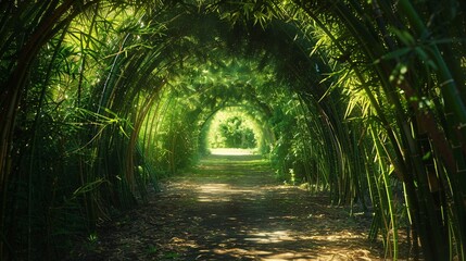 2. Beautifully arched green bamboo forest with gracefully curved stalks creating a tunnel-like structure, dappled sunlight illuminating the verdant leaves, creating a serene and inviting atmosphere