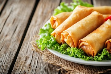 Sticker - Vegetable spring rolls on white plate with selective focus Thai cuisine