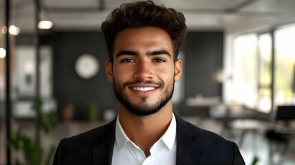 Canvas Print - A smiling man in a suit standing in a modern office environment.