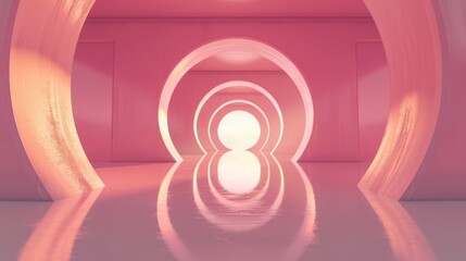 Wall Mural - Architectural design of an empty pink tunnel and circular arches with an orange light reflective surface. 3D Wallpaper Background