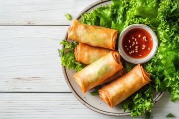 Canvas Print - Vegetarian spring rolls on white table top view with copy space