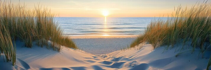 Wall Mural - Panoramic Sunset View of Sandy Beach with Tall Grasses and Dunes Leading to the Horizon, Footprints in the Sand, and a Calm Coastal Scene