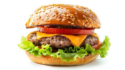 Wall Mural - Juicy hamburger on white background. 