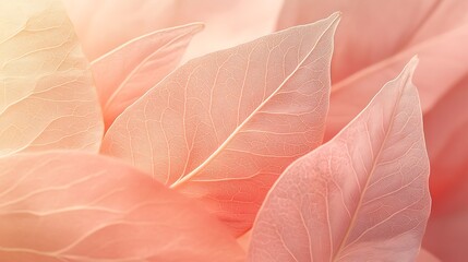 Wall Mural - Soft pastel pink leaves with delicate veins and a sunlit glow, creating a delicate and ethereal background.