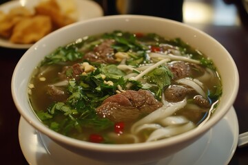 Canvas Print - Vietnamese beef noodle soup with herbs and chili national dish of Vietnam