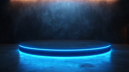 Wall Mural - A round, black platform with a glowing blue neon light ring in a dark, smoky environment.