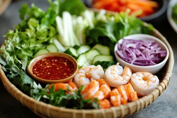 Canvas Print - Vietnamese salad with shrimp veggies and spicy red sauce