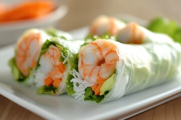 Poster - Vietnamese shrimp salad rolls on white plate