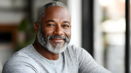 Canvas Print - A smiling older man with a beard sitting by a window.