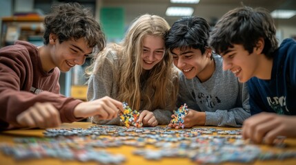 Friends Solving Puzzle.