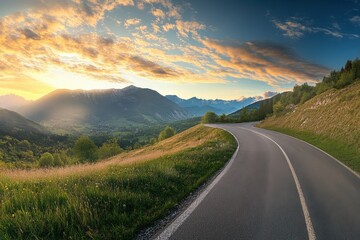 Wall Mural - View of sunrise over asphalt highway with mountain scenery