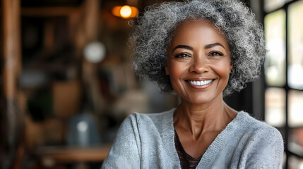 Poster - A smiling older woman with curly gray hair in a cozy setting.