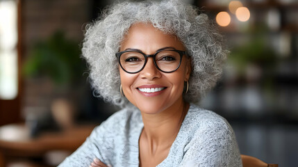 Wall Mural - A smiling older woman with curly hair and glasses in a cozy setting.