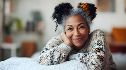 A smiling older woman with gray hair poses comfortably indoors.