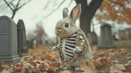 Adorable Fuzzy Lop Rabbit in Skeleton Costume Hopping Among Halloween Tombstones