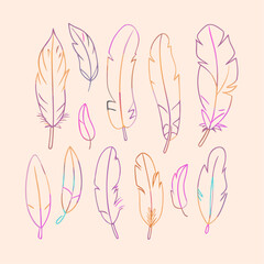 Wall Mural - Set colorful outline feathers retro hippie style items For print graphic design stickers (11)