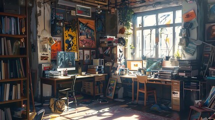 Poster - bright creative workspace with a desk filled with computers, books, and art. The room is decorated with posters and artwork, creating an inspiring and personalized atmosphere. AI generated