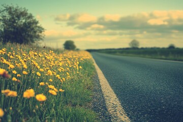 Sticker - Vintage toned picture of empty road and yellow flower field with Instagram filter