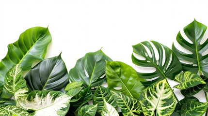 5. Lush variegated leaves of Monstera and Alocasia, forming a tropical foliage frame against a white background, the detailed green and white leaf patterns creating a striking natural border