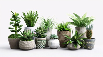 Wall Mural - 1. Collage of various potted plants on a white background, featuring a mix of succulents, ferns, and flowering plants in stylish pots, arranged to showcase the diversity and beauty of house decor