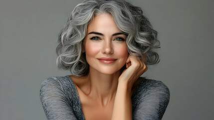 Poster - A smiling woman with curly gray hair in a relaxed pose.