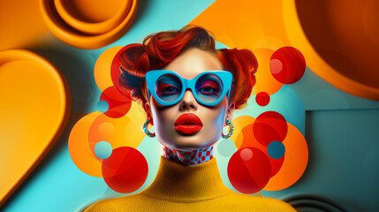 Wall Mural - Modern painting in pop art style of young beautiful woman in blue sunglasses and red hair on bright colorful geometric background. Contemporary trendy stylish drawing in bold hues