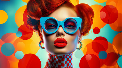 Wall Mural - modern painting in pop art style of young beautiful woman in blue sunglasses and red hair on bright 