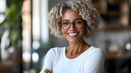 Poster - A smiling woman with curly hair and glasses in a modern setting.