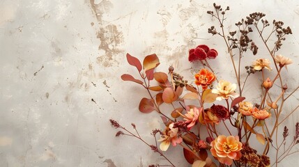 Autumn composition made of beautiful flowers on light backdrop. Floristic decoration. Natural floral background. 