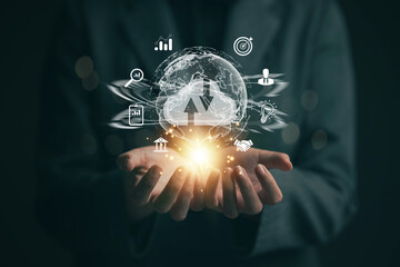 Fototapete - Cloud in hand, cloud technology. Cloud symbol in hand of businessman, concept of data transfer via cloud technology. Transfer of personal and financial and banking information.