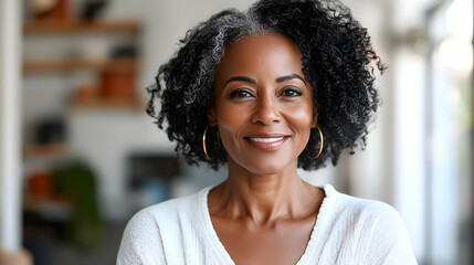 Wall Mural - A smiling woman with curly hair in a bright, inviting space.