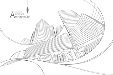 Aufkleber - 3D illustration, abstract modern urban landscape line drawing, imaginative architecture building construction perspective design.