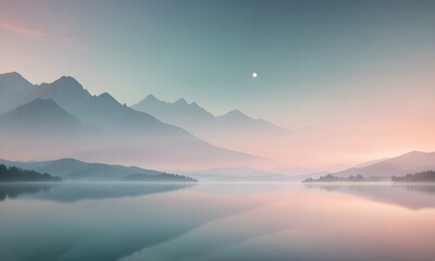 surreal aesthetic Serene landscape with mountains reflected in a calm lake with mist in the background in pastel tone