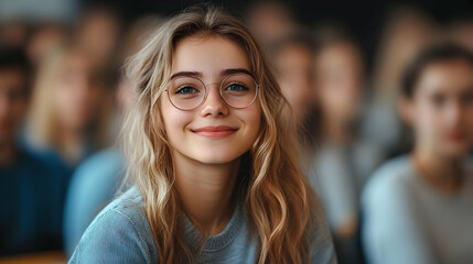 Wall Mural - A smiling young woman in a classroom setting with peers in background.