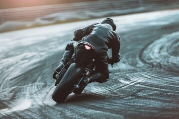 Wall Mural - Motorcycle rider leaning into fast curve on track