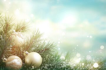 Wall Mural - Soft golden Christmas ornaments nestled in green pine branches, set against a blurred light blue and yellow background with a bokeh effect. Serene and peaceful atmosphere.