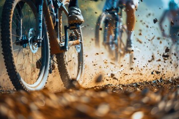 Wall Mural - Mountain bike race close up with flying debris on dirt track emphasizing acceleration in action sport